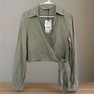 ZARA Linen Cropped Wrap Tie Long Sleeve Beige/Green Shirt Women’s Size Small